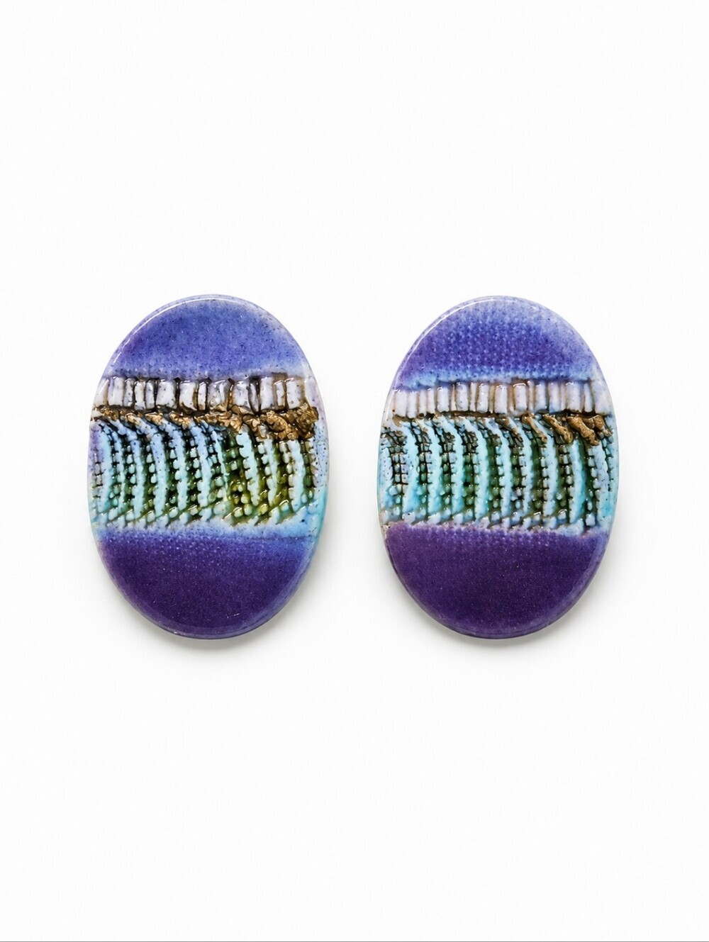 Artisan Ceramic Green and Purple Oval Statement Earrings